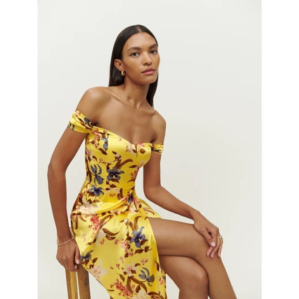 💕REFORMATION Genesis Off-The-Shoulder Silk Dress Lei Yellow Floral Print 12 NWT